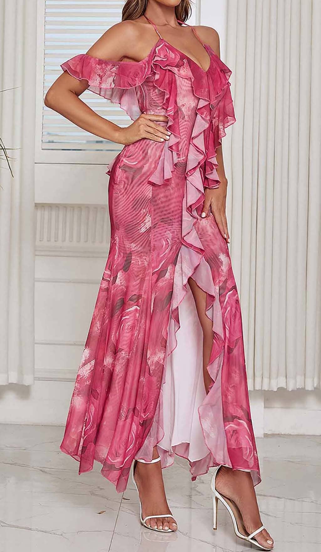 RUFFLE-TRIM PAISLEY-PRINT MAXI DRESS IN PINK DRESS STYLE OF CB