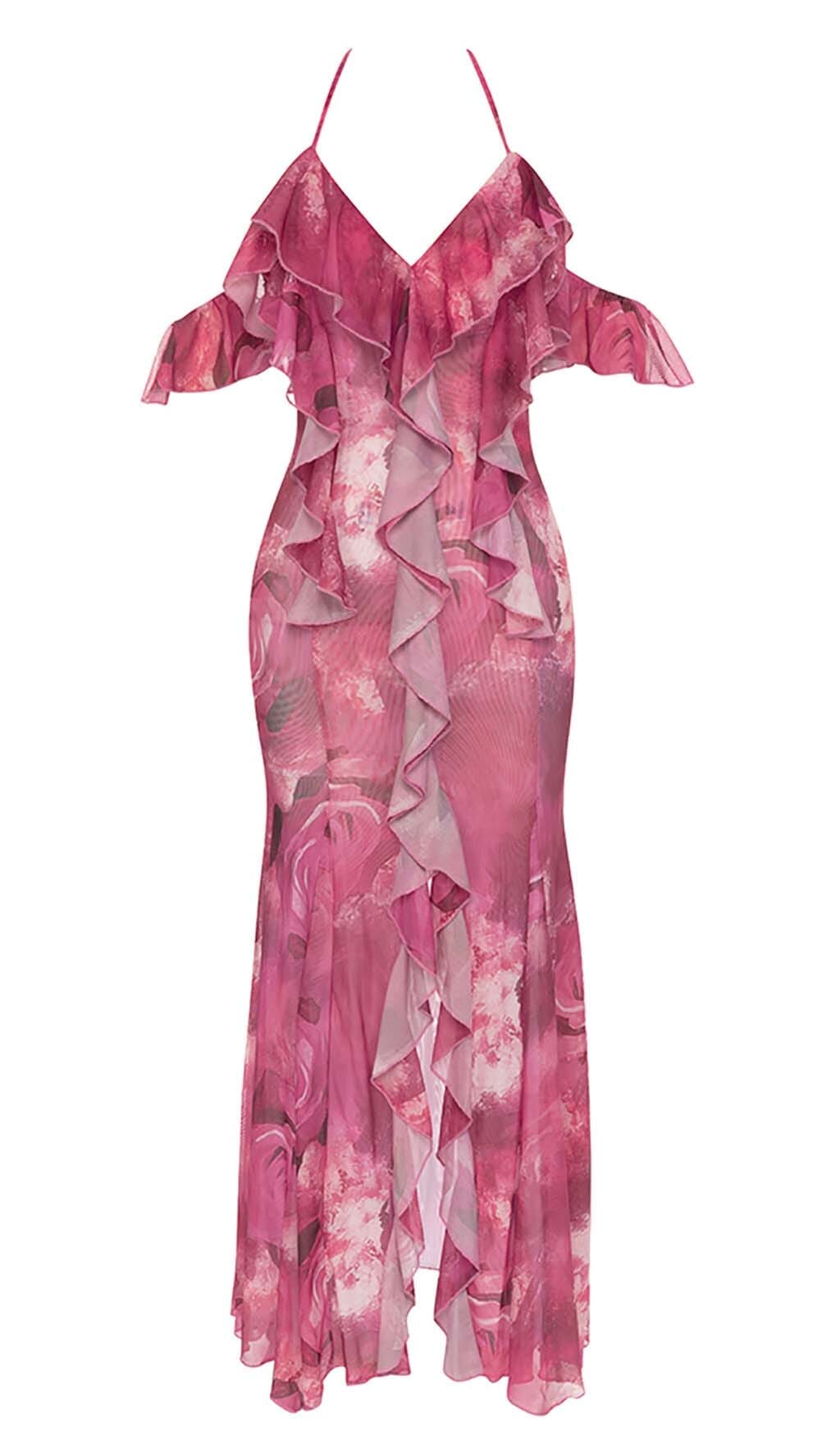 RUFFLE-TRIM PAISLEY-PRINT MAXI DRESS IN PINK DRESS STYLE OF CB