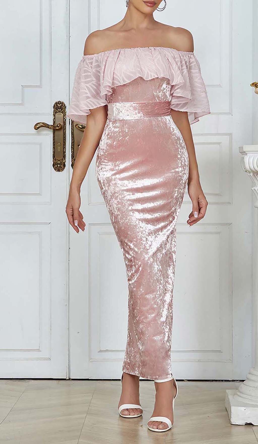 RUFFLED BANDEAU SATIN MAXI DRESS IN PINK styleofcb