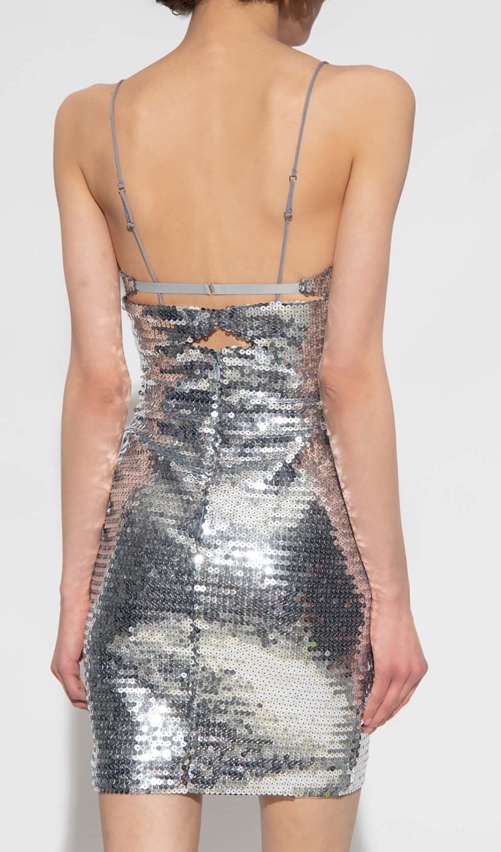 SEQUIN CUTOUT DRAPED MINI DRESS IN METALLIC SILVER sis label