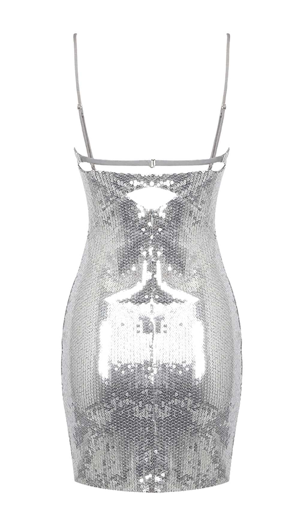 SEQUIN CUTOUT DRAPED MINI DRESS IN METALLIC SILVER sis label