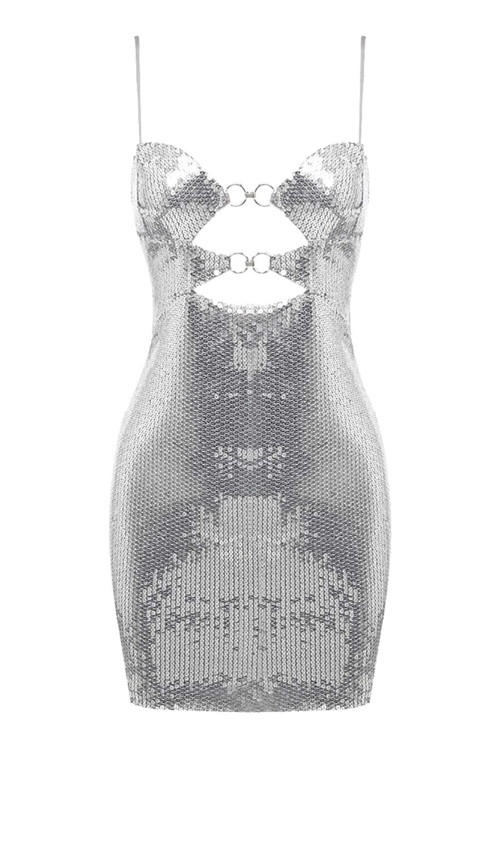 SEQUIN CUTOUT DRAPED MINI DRESS IN METALLIC SILVER sis label