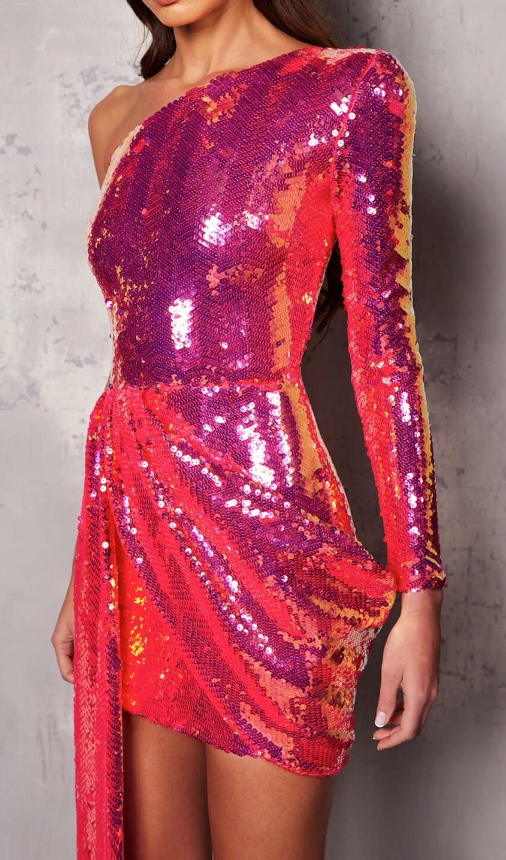 SEQUIN ONE SHOULDR MINI DRESS IN PINK Dresses styleofcb