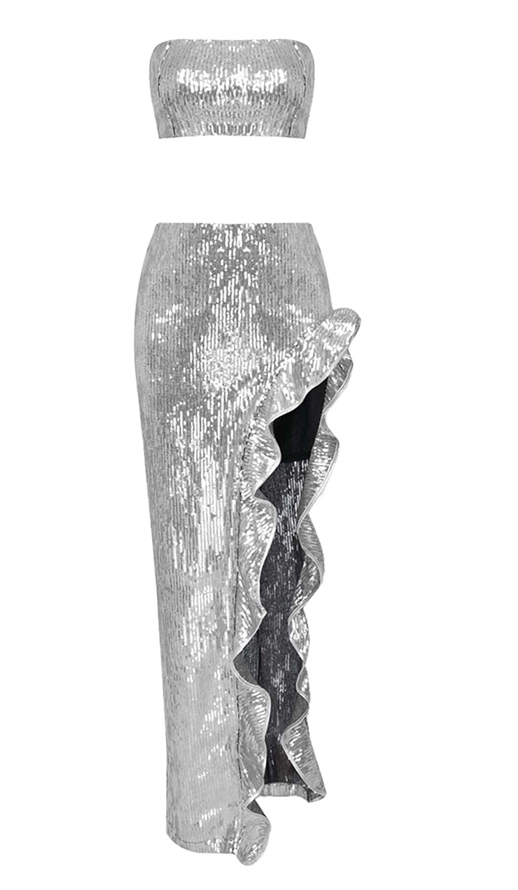 SEQUINED BANDEAU TWO-PIECE SUIT IN SLIVER DRESS STYLE OF CB
