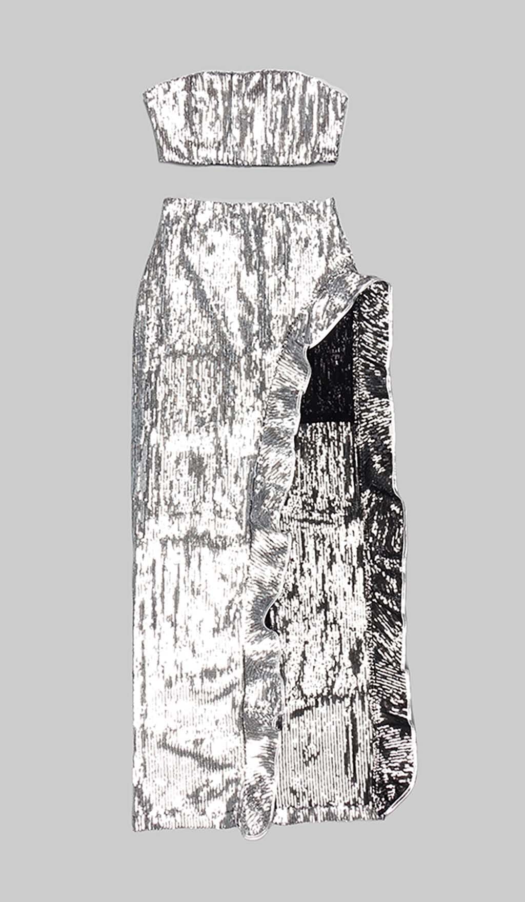 SEQUINED BANDEAU TWO-PIECE SUIT IN SLIVER DRESS STYLE OF CB