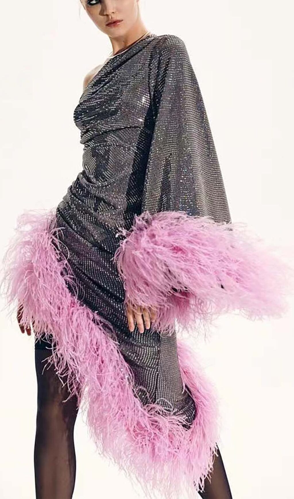 SEQUIN FEATHER HIGH-LOW DRESS IN SLIVER DRESS STYLE OF CB