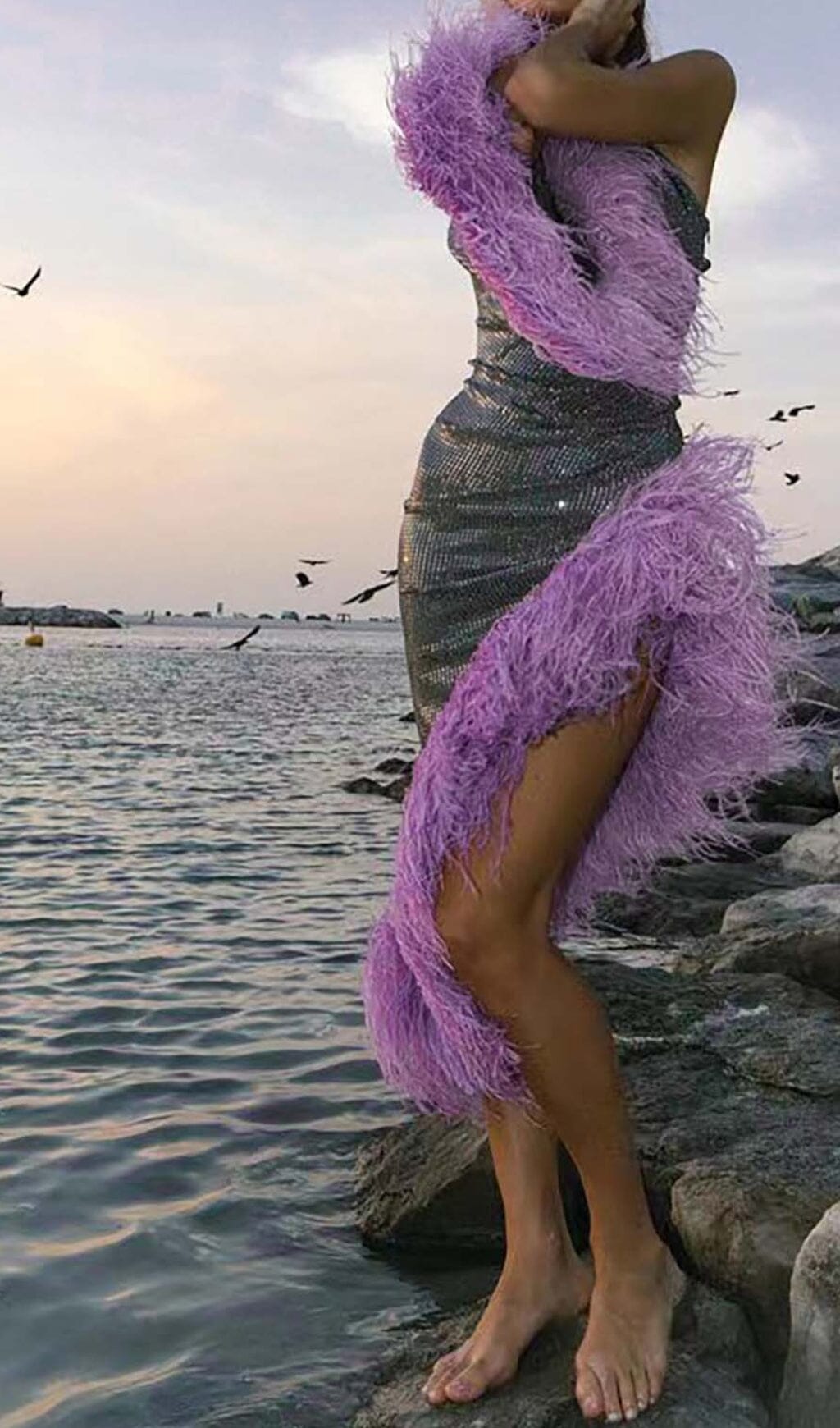 SEQUIN FEATHER HIGH-LOW DRESS IN SLIVER DRESS STYLE OF CB