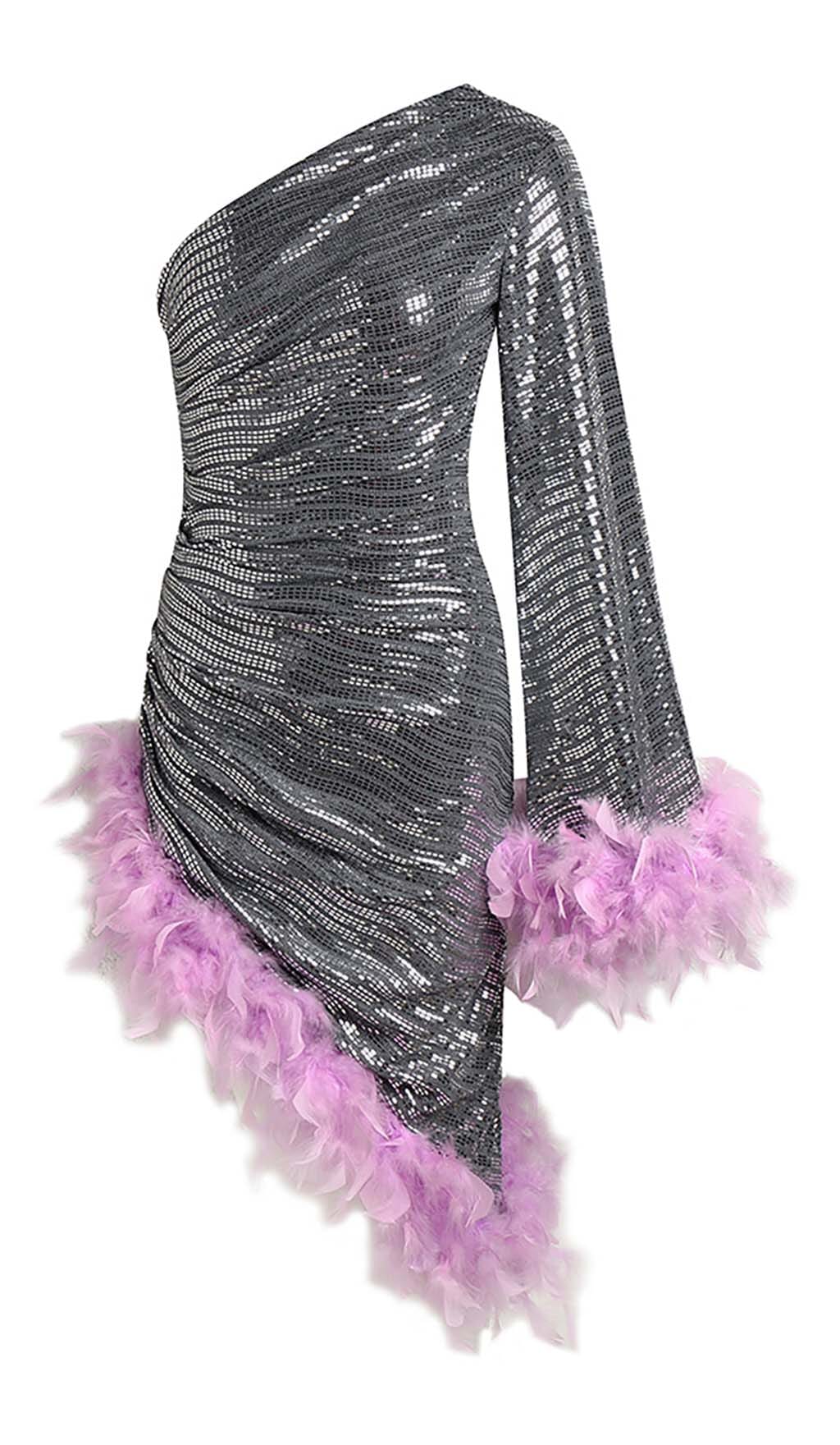 SEQUIN FEATHER HIGH-LOW DRESS IN SLIVER DRESS STYLE OF CB