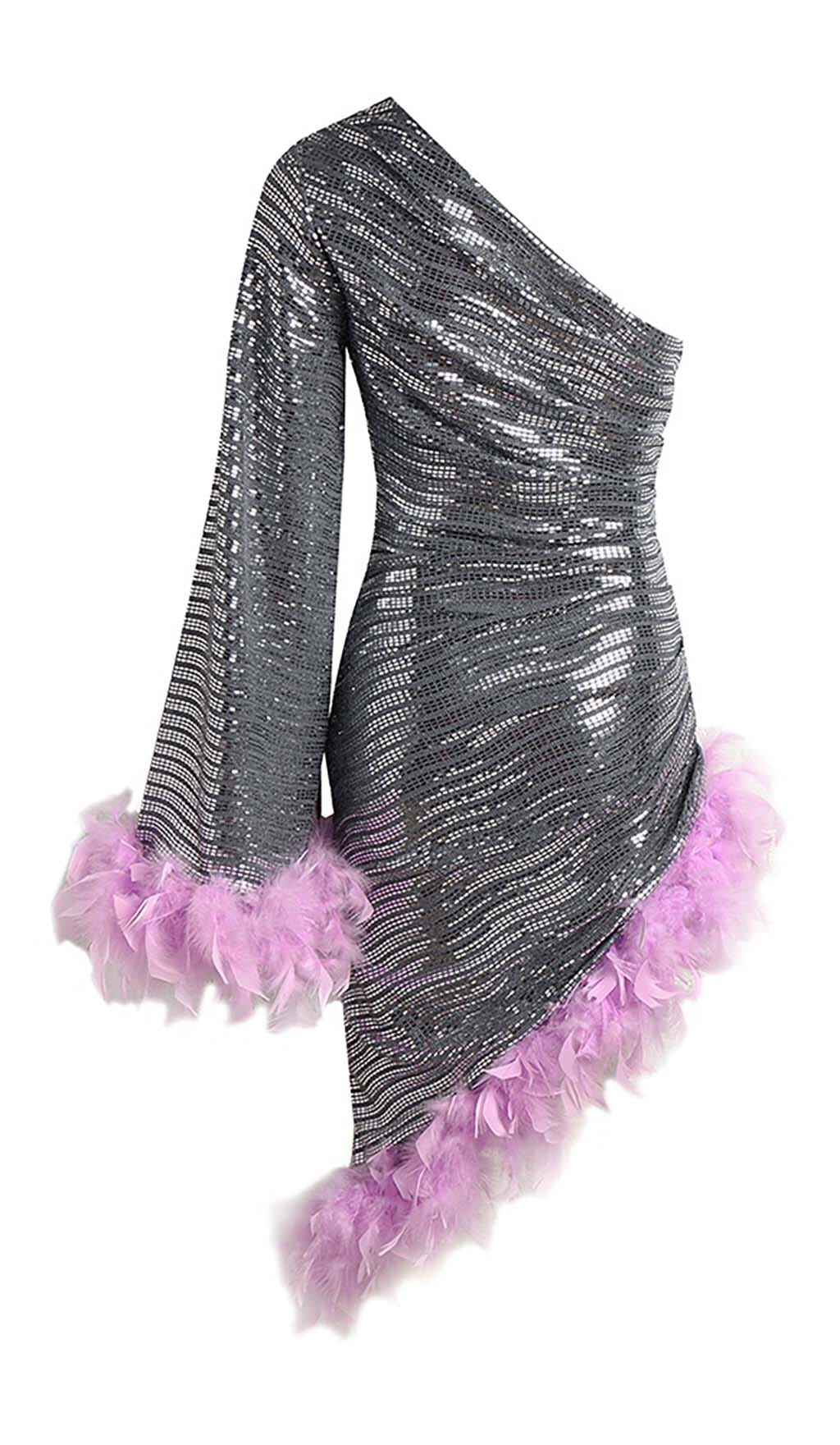 SEQUIN FEATHER HIGH-LOW DRESS IN SLIVER DRESS STYLE OF CB