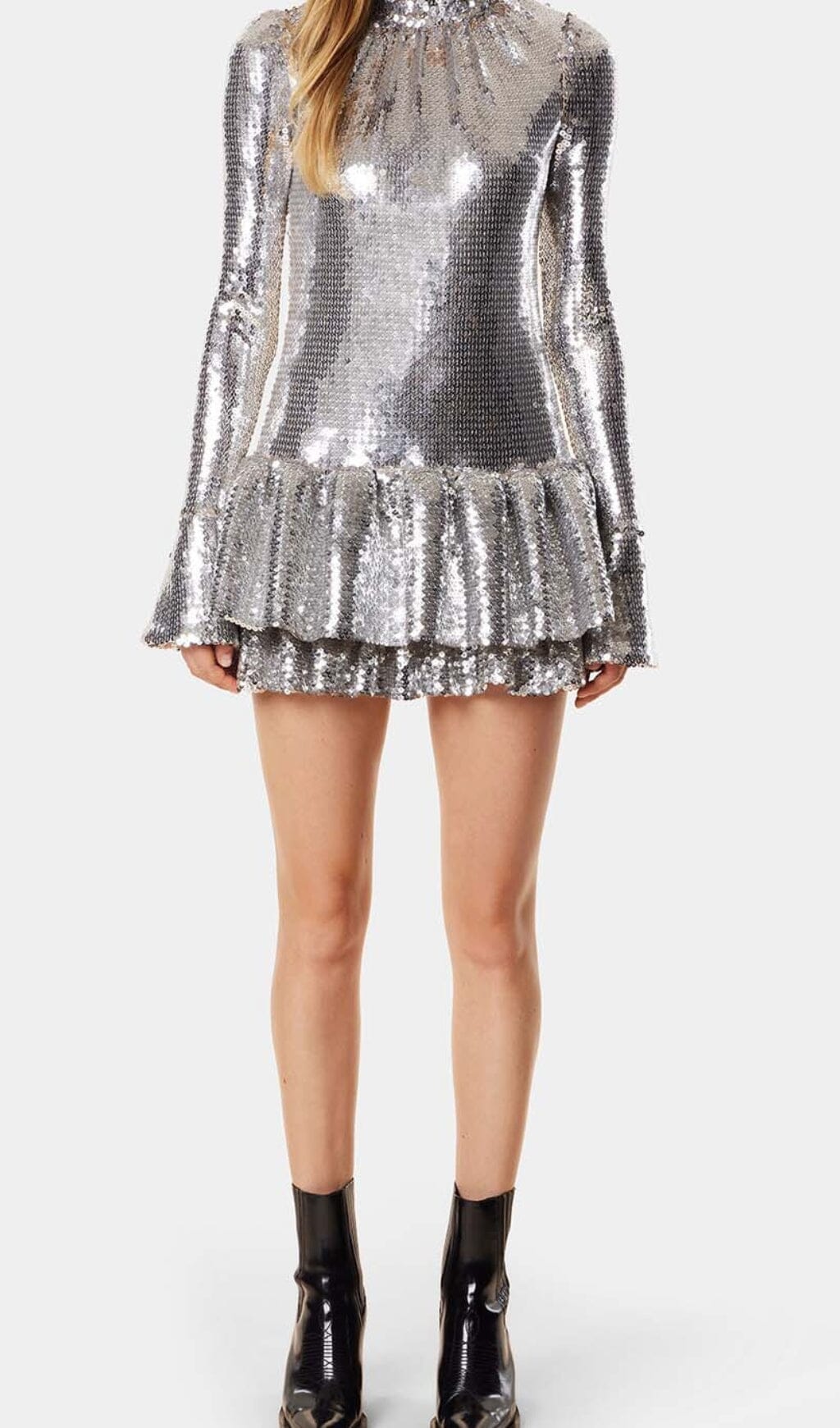 SEQUIN RUFFLE MINI DRESS IN METALLIC SILVER DRESS STYLE OF CB