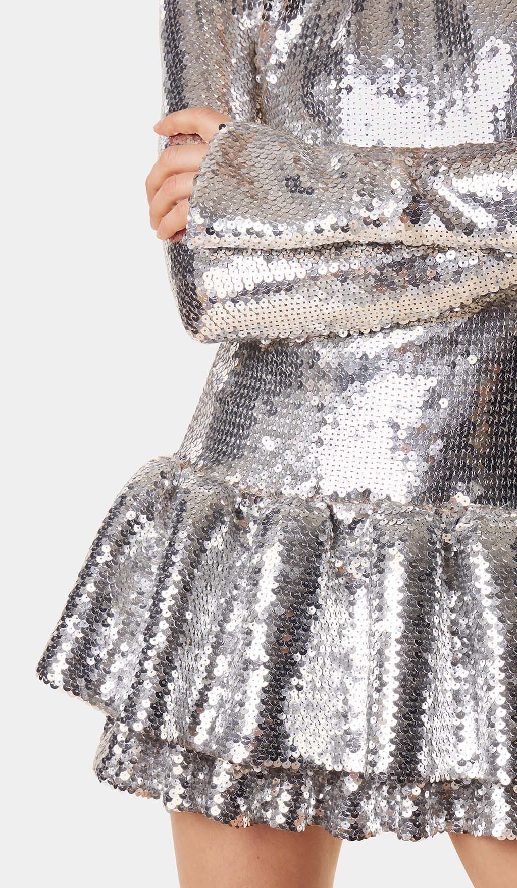 SEQUIN RUFFLE MINI DRESS IN METALLIC SILVER DRESS STYLE OF CB