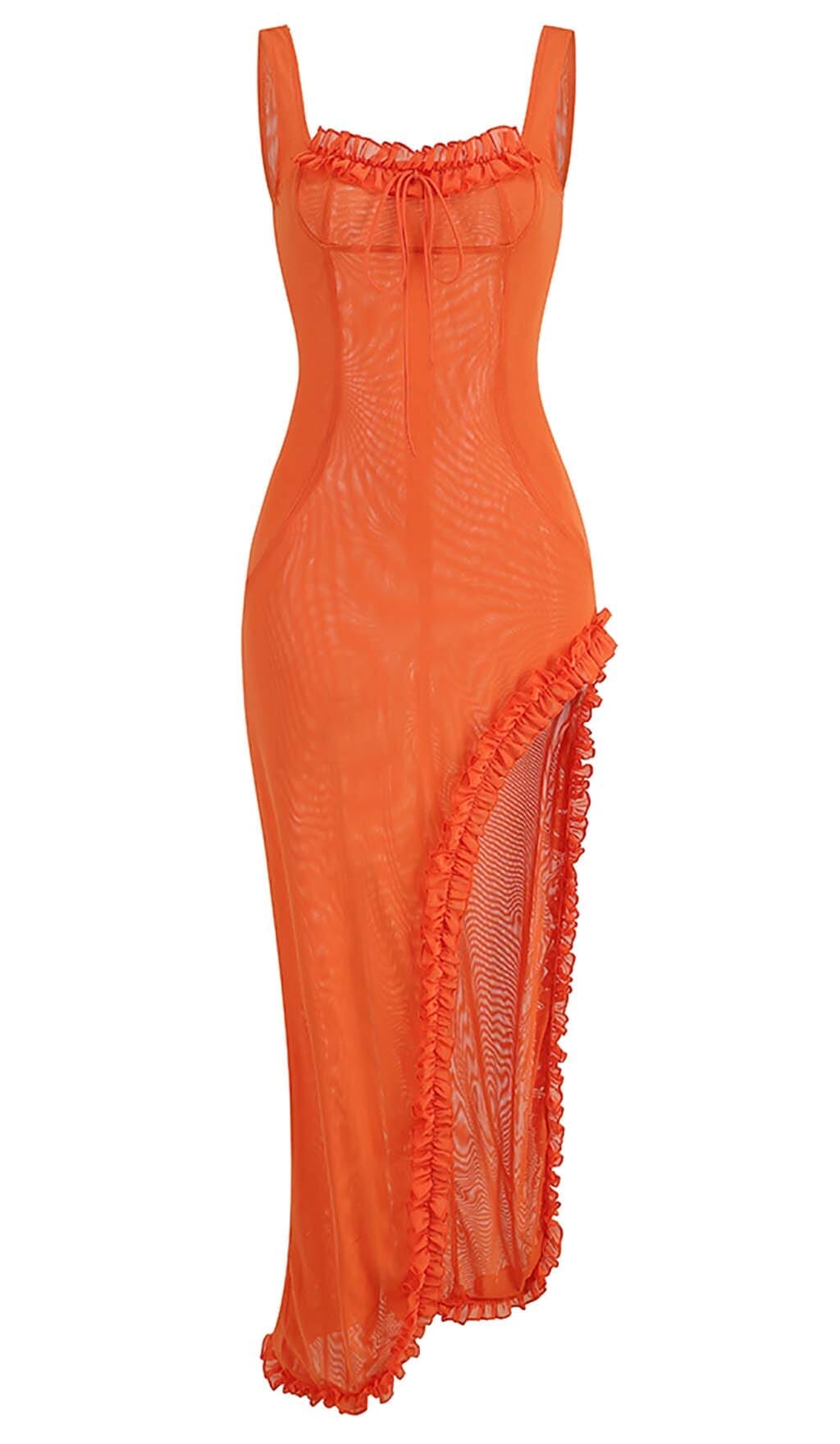 SHEER RUFFLED MAXI DRESS IN ORANGE DRESS styleofcb