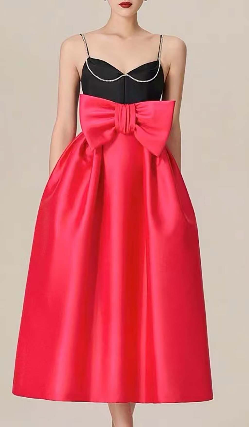 SPAGHETTI STRAP BOW RHINESTONE MIDI DRESS IN RED DRESS STYLE OF CB