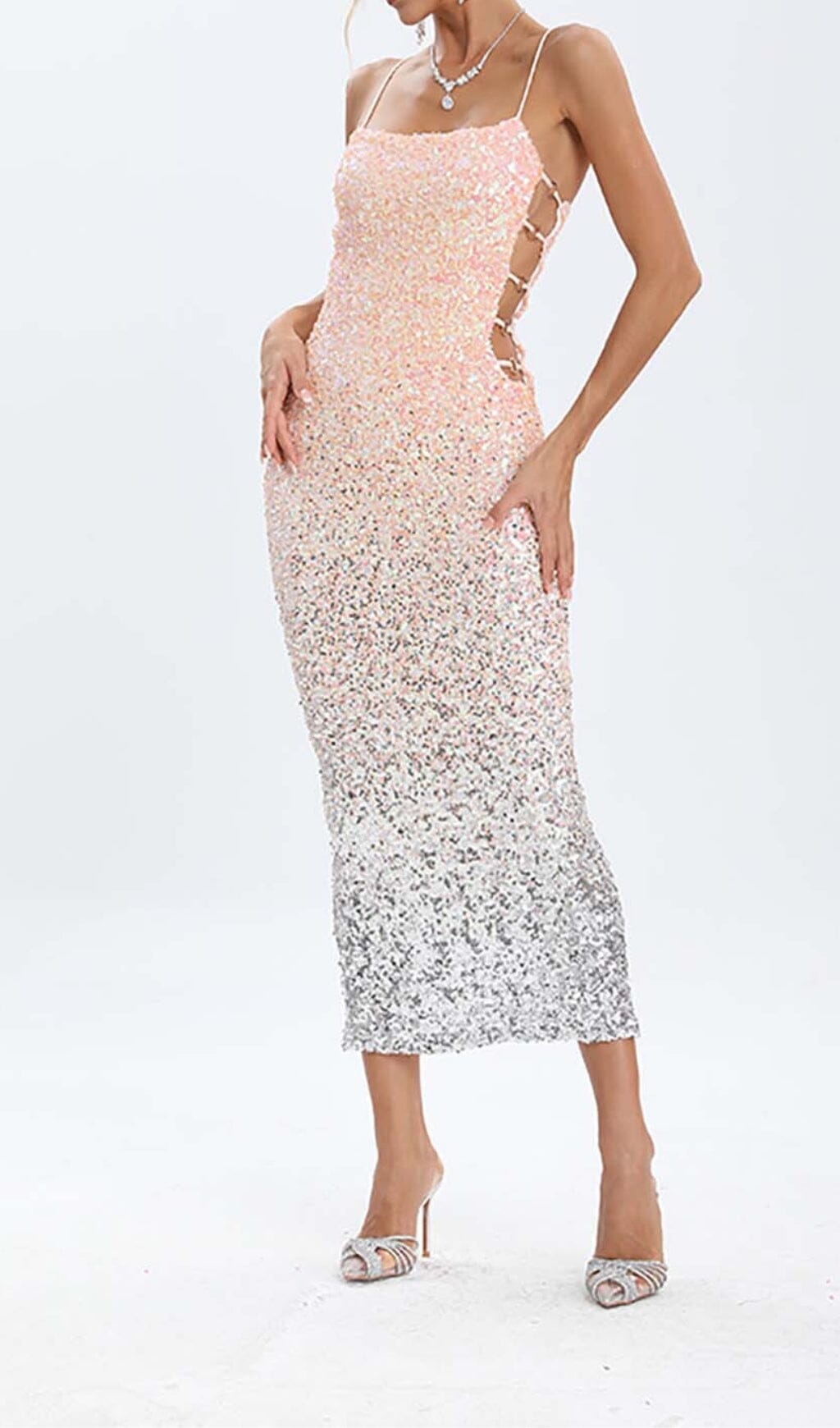 SPAGHETTI STRAP SEQUIN MIDI DRESS IN OMBRE PINK DRESS STYLE OF CB