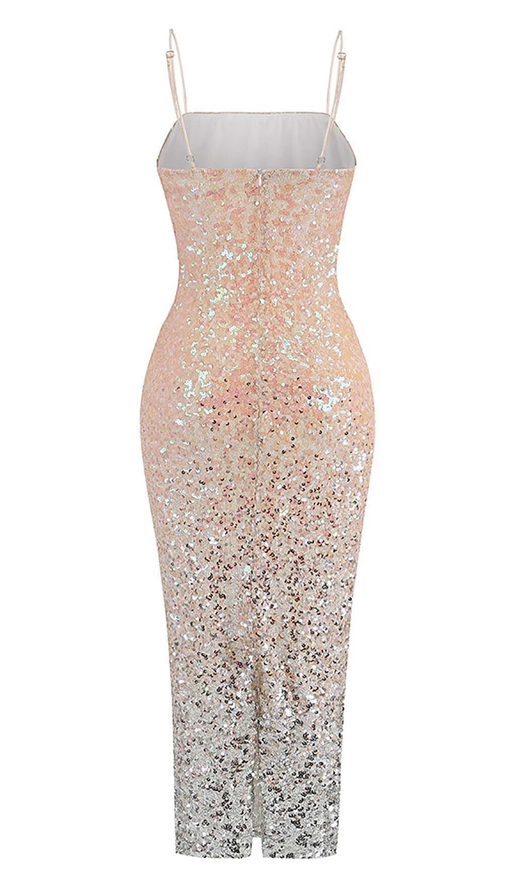 SPAGHETTI STRAP SEQUIN MIDI DRESS IN OMBRE PINK DRESS STYLE OF CB