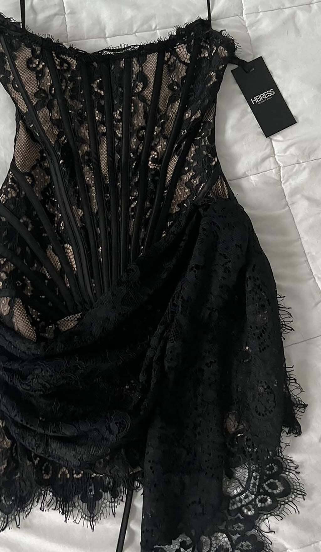 STRAPLESS LACE APPLIQUES MINI DRESS IN BLACK DRESS sis label