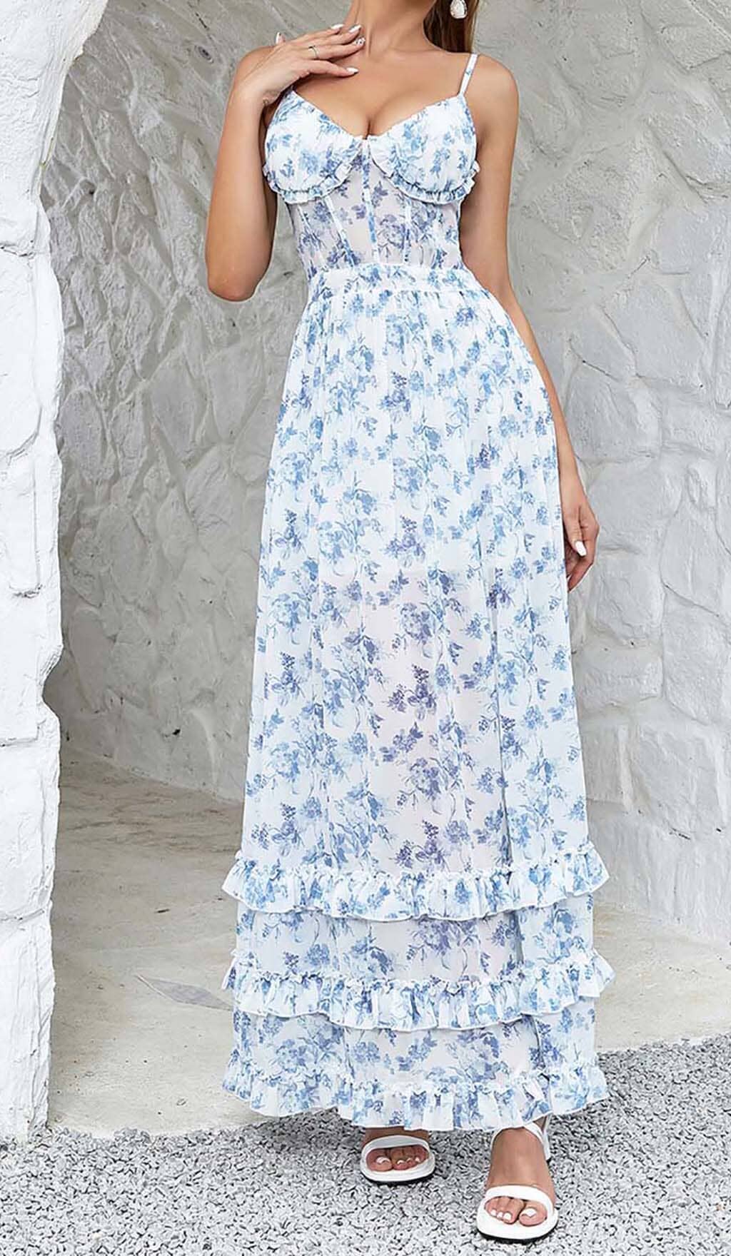 STRAPPY CORSET TIERED MAXI DRESS IN BLUE DRESS styleofcbdress