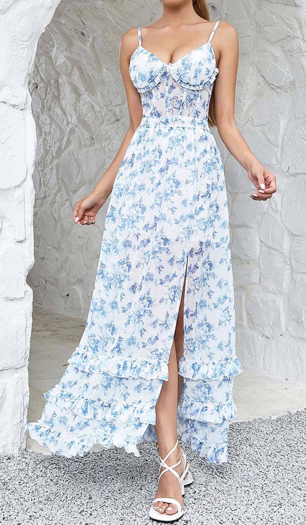 STRAPPY CORSET TIERED MAXI DRESS IN BLUE DRESS styleofcbdress