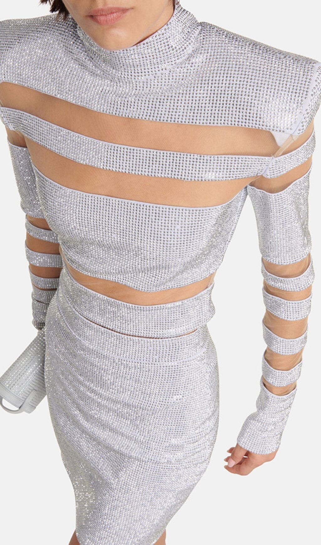 STRIPED RHINESTONE TWO PIECE SET IN SLIVER DRESS STYLE OF CB