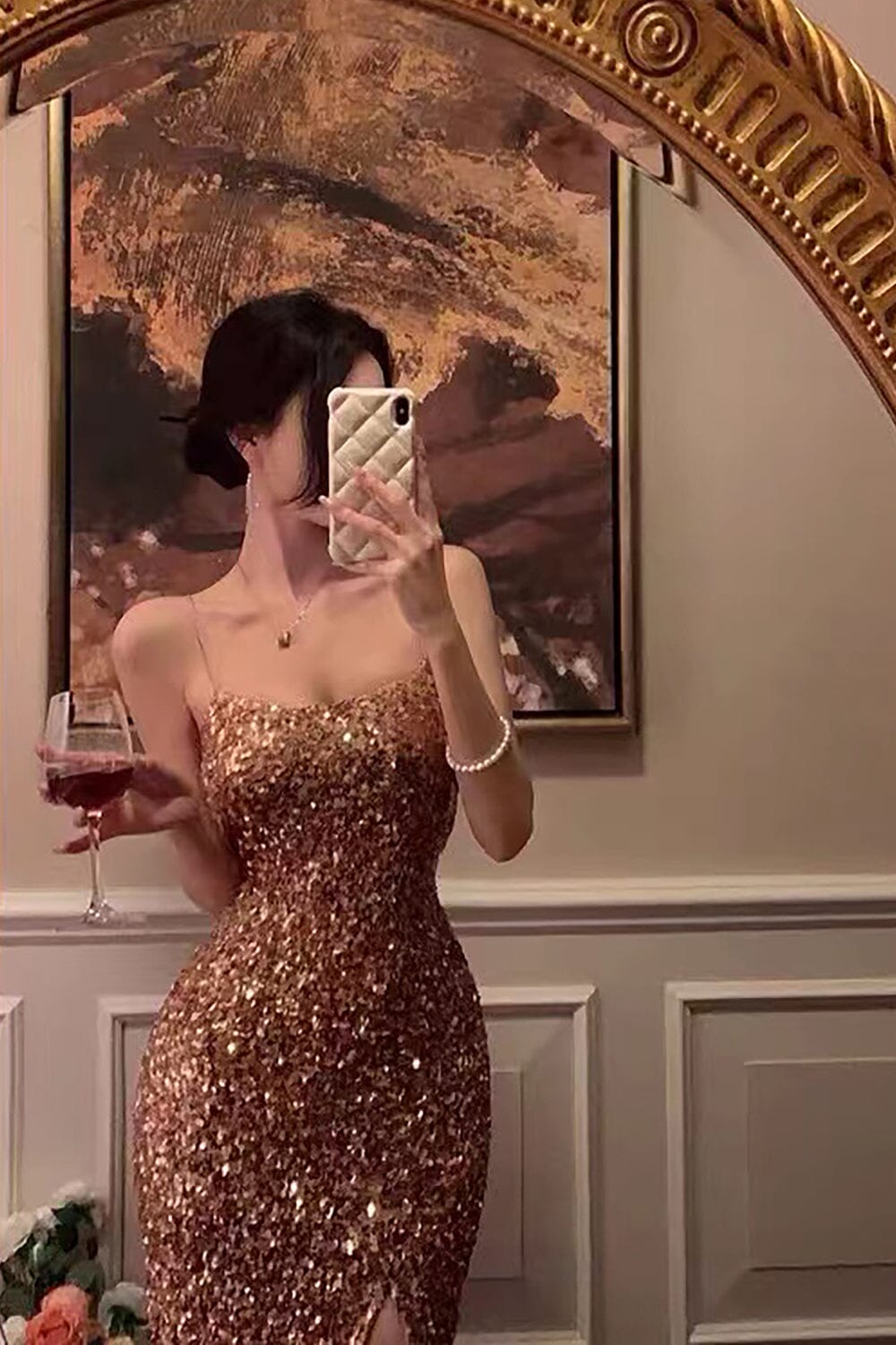 STRAPPY SEQUINS SLIT MIDI DRESS IN GOLD Sequins Dress styleofcb