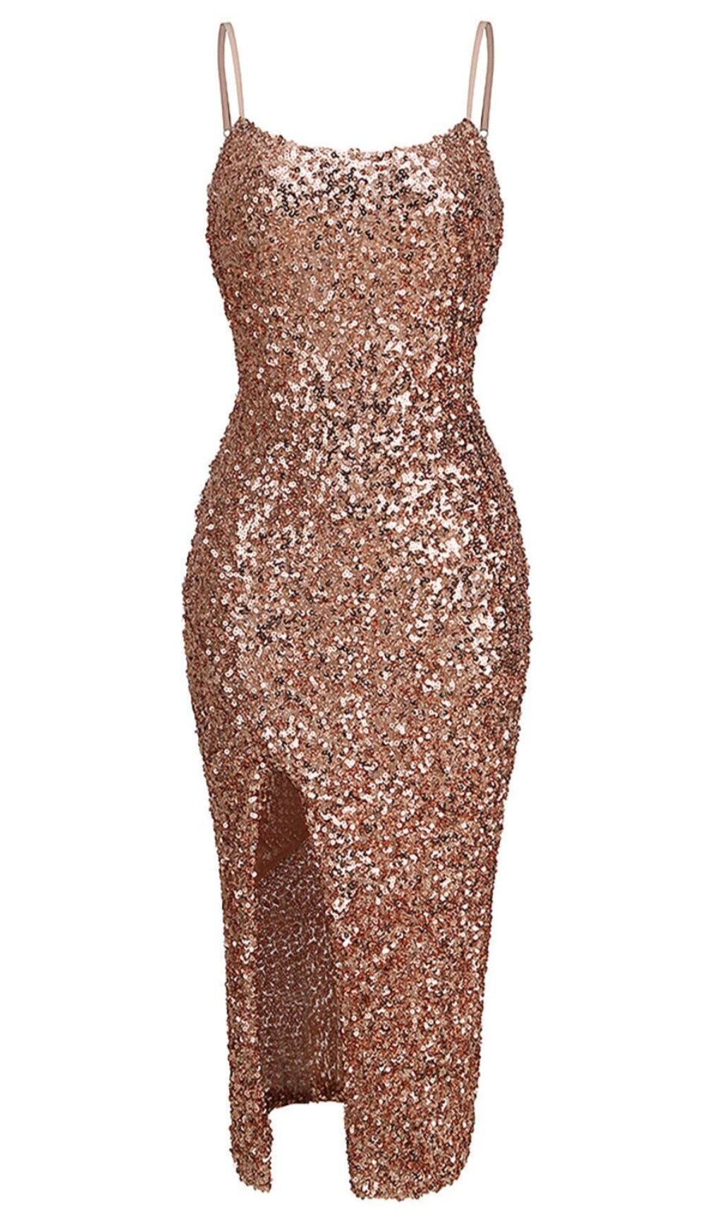 STRAPPY SEQUINS SLIT MIDI DRESS IN GOLD Sequins Dress styleofcb