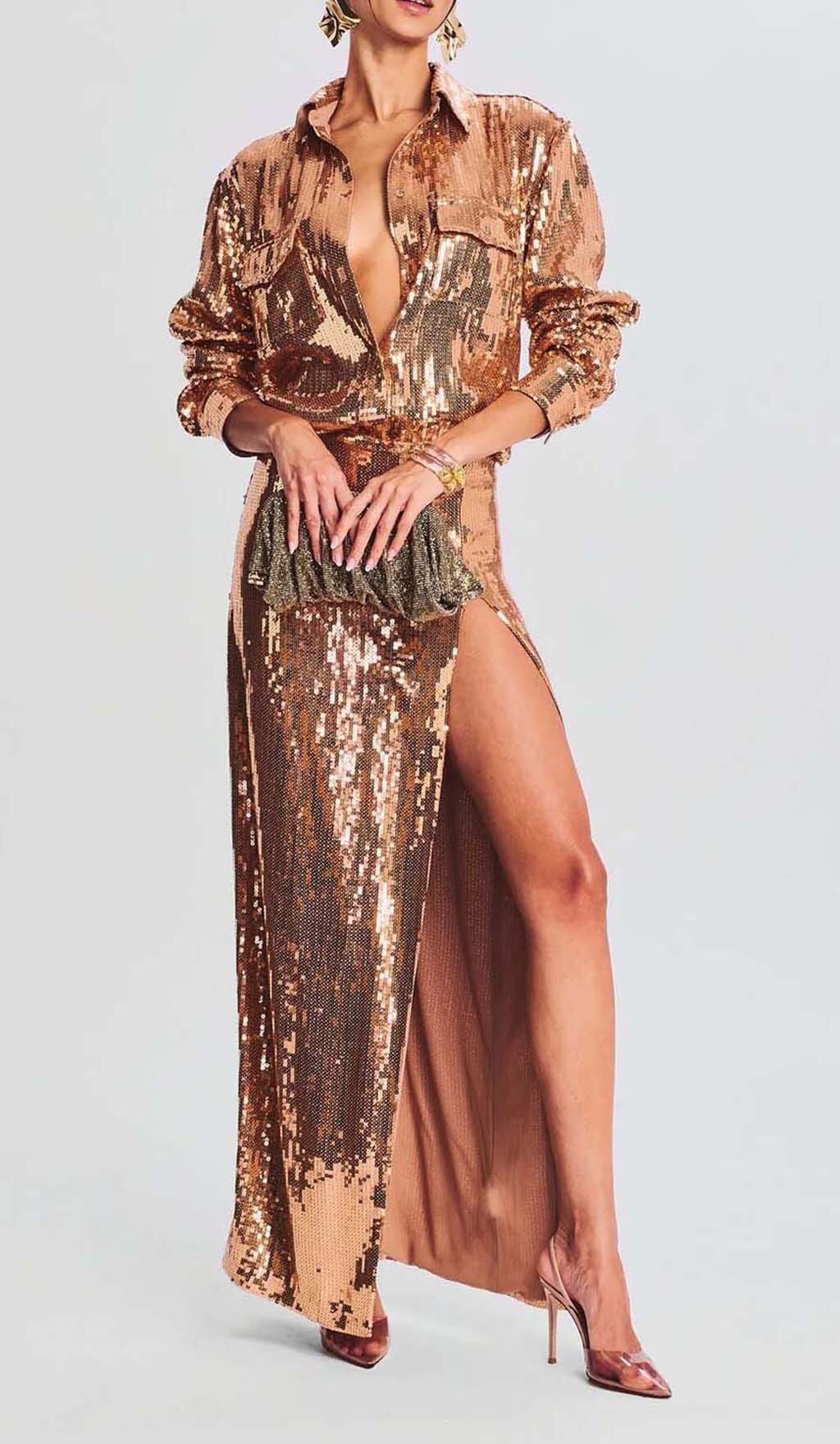 THIGH SLIT GLITTER MAXI DRESS IN METALLIC GOLD DRESS sis label