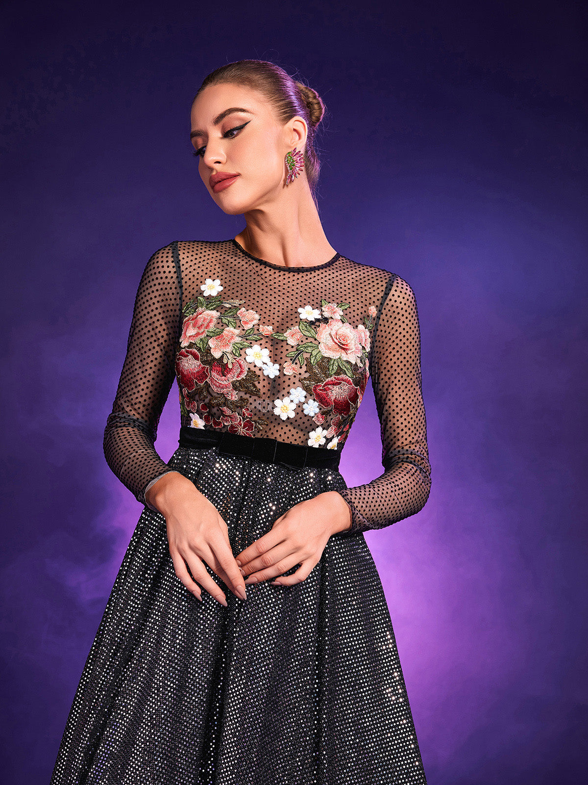 PATCHWORK FLORAL EMBROIDED DRESS