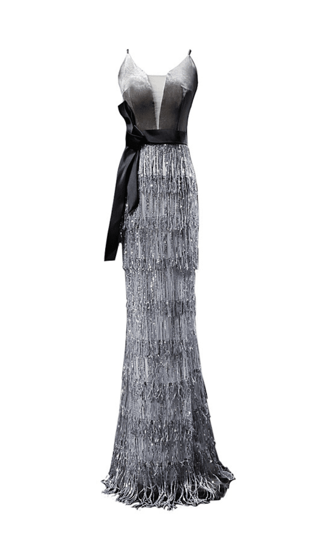 VELVET TASSEL SEXY TIE-DOWN MAXI DRESS IN GREY styleofcb