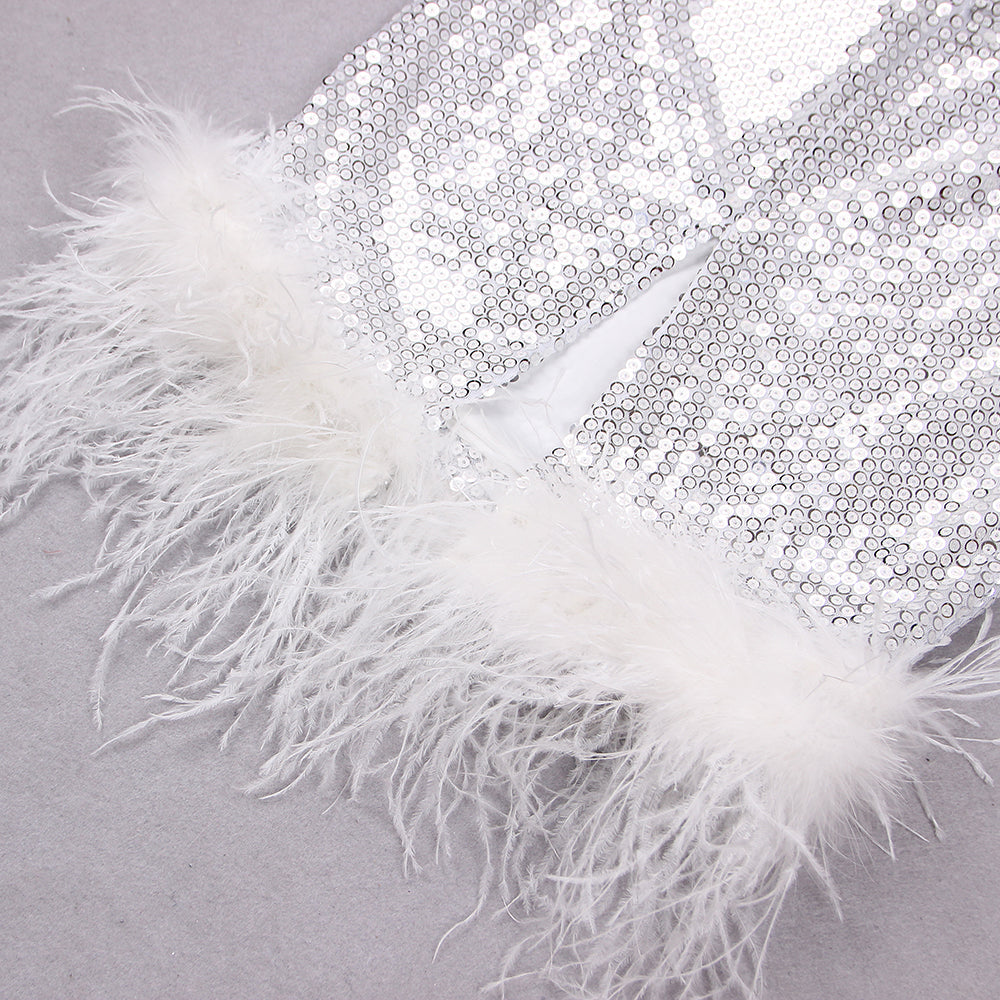 SEQUIN FEATHER MIDI DRESS IN WHITE styleofcb