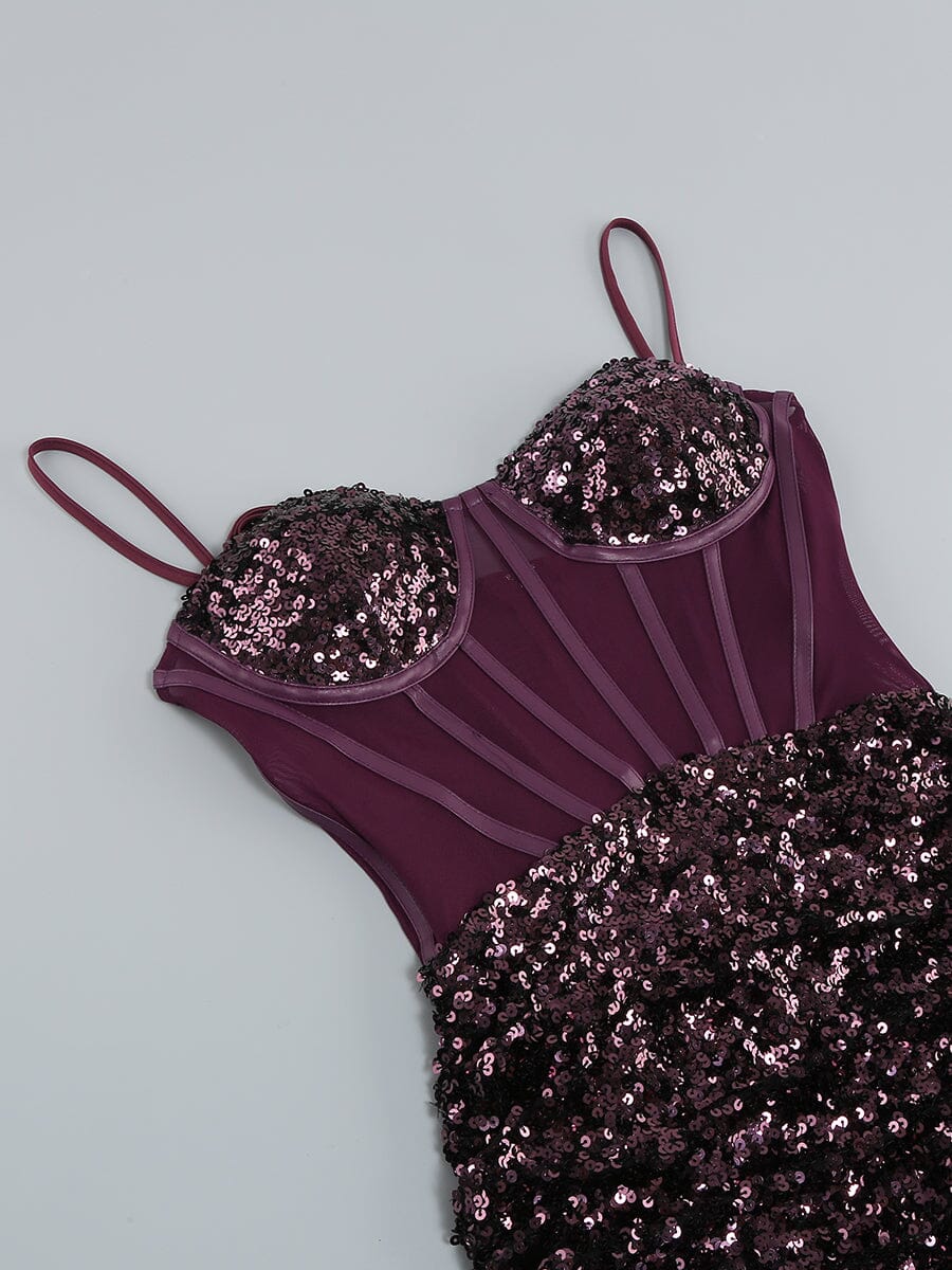 SEQUIN CORSET MIDI DRESS IN WINE styleofcb