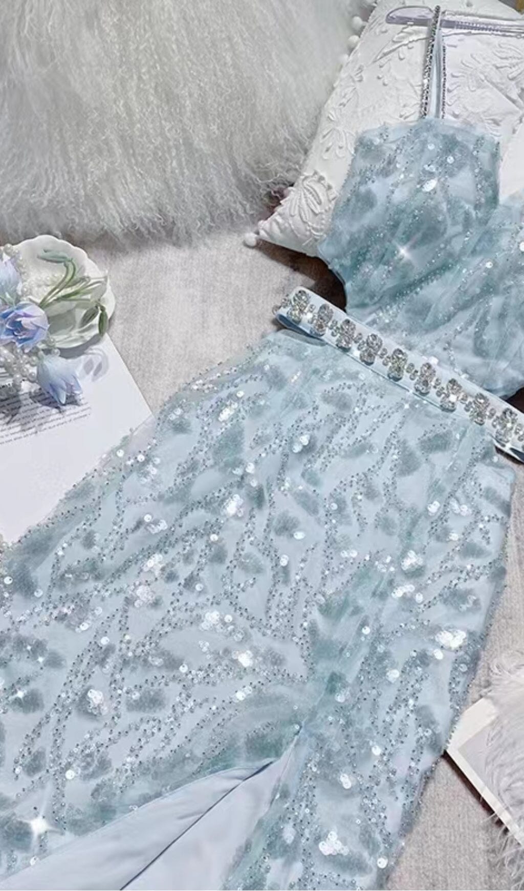 MESH DIAMOND CUT-OUT WAISTLESS SEQUIN SPLID DRESS IN LIGHT BLUE styleofcb