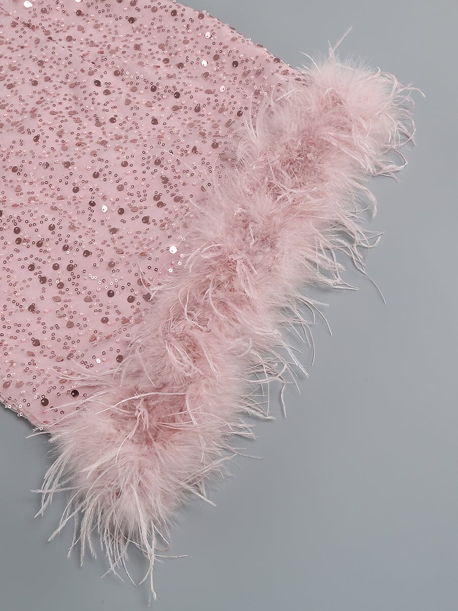 PINK FEATHER SEQUIN DRESS styleofcb
