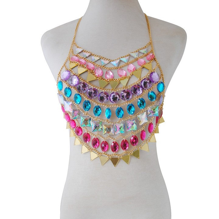 RAINBOW RHINESTONE BODY CHAIN TOP