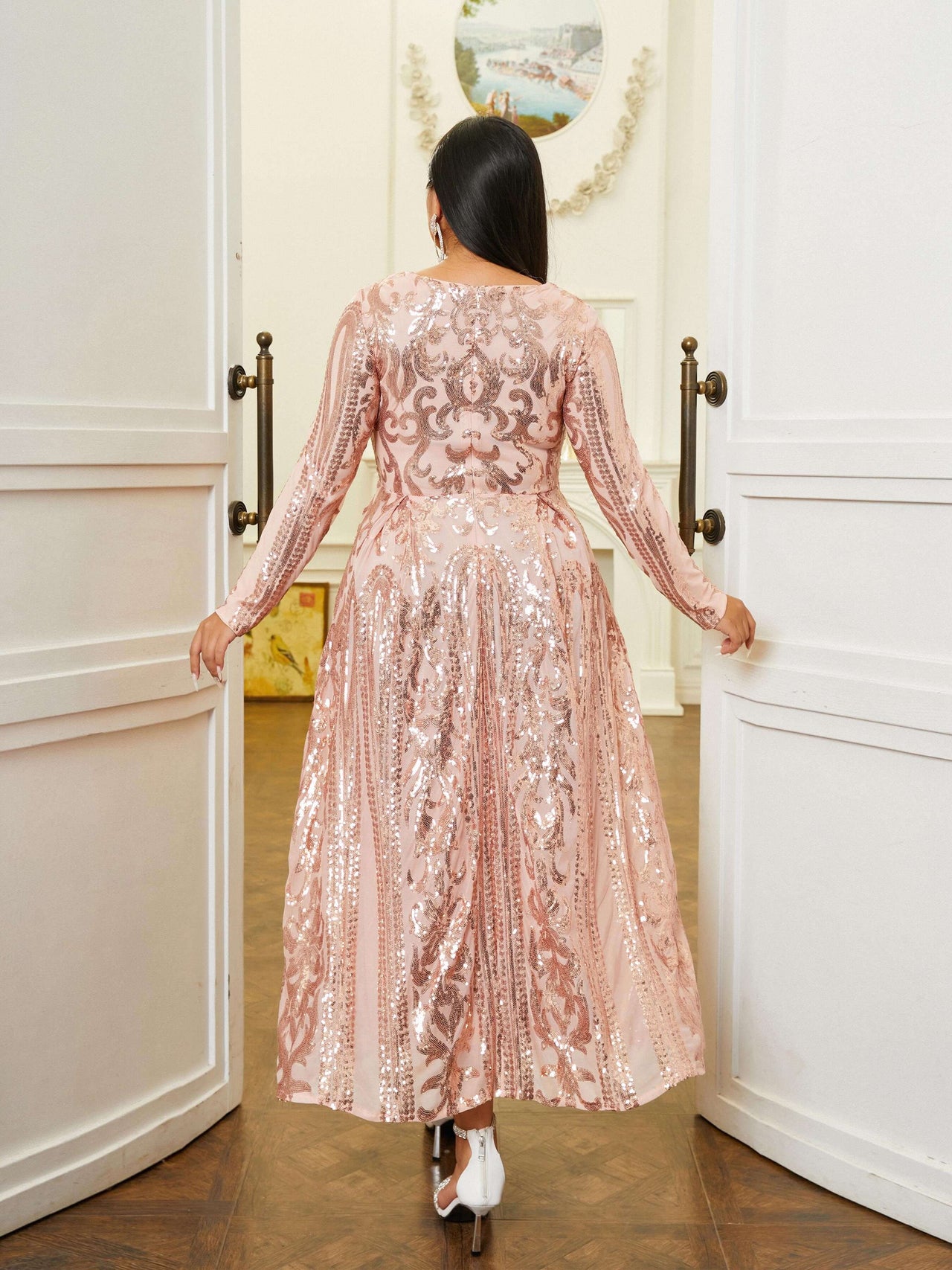 Plus V-neck Long Sleeve Sequin Dress