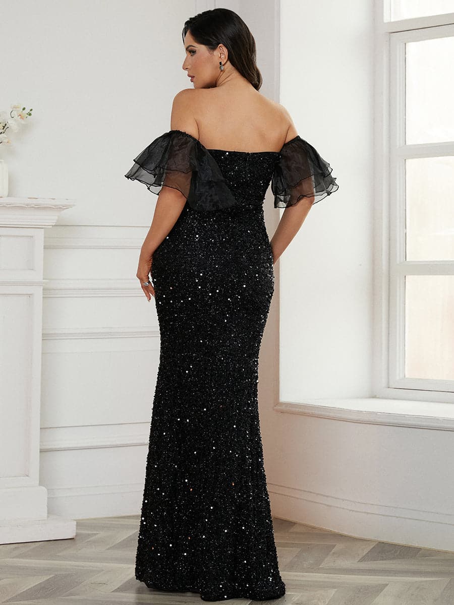 Off Shoulder Black Sequin Prom Dress