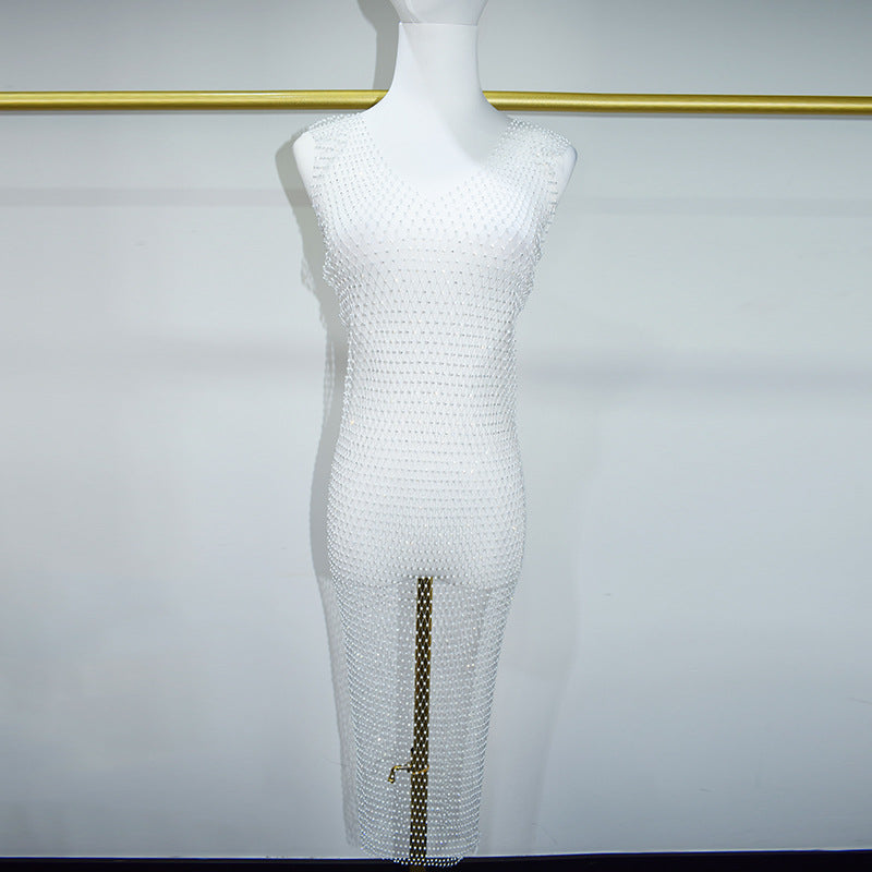 BLING V NECK NET MIDI DRESS