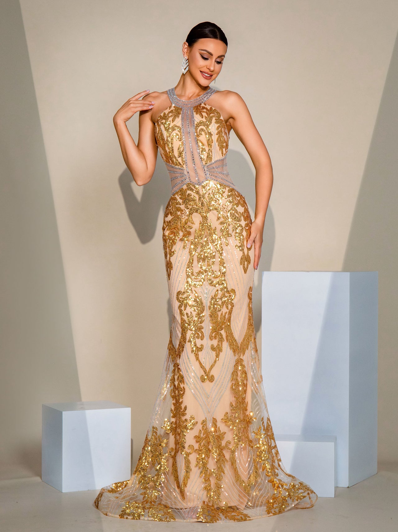 Halter Backless Gold Sequin Mermaid Dress