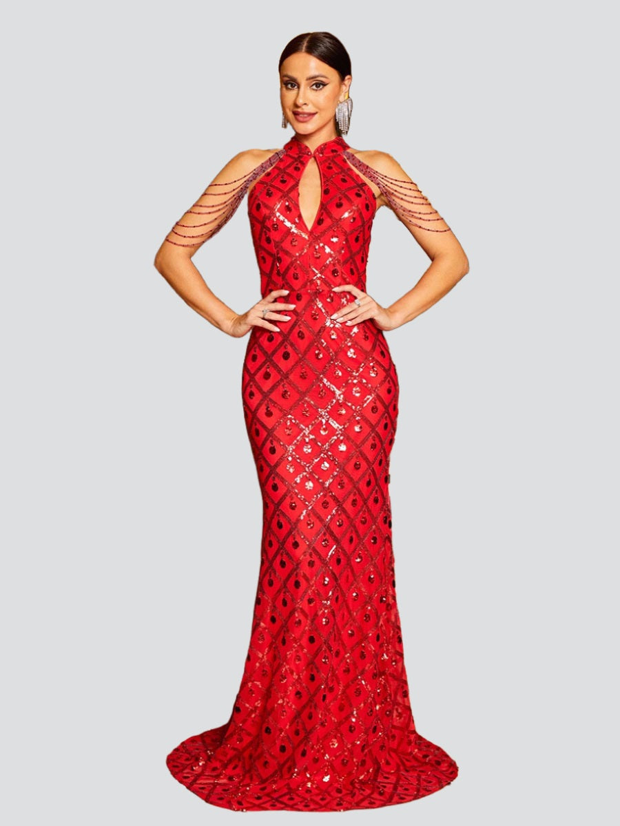 Stand Collar Sequin Red Mermaid Evening Dress