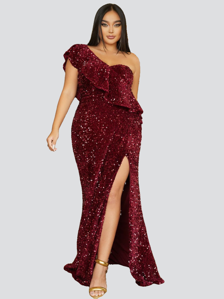 Plus Size Flounces High Slit Maxi Sequin Dress