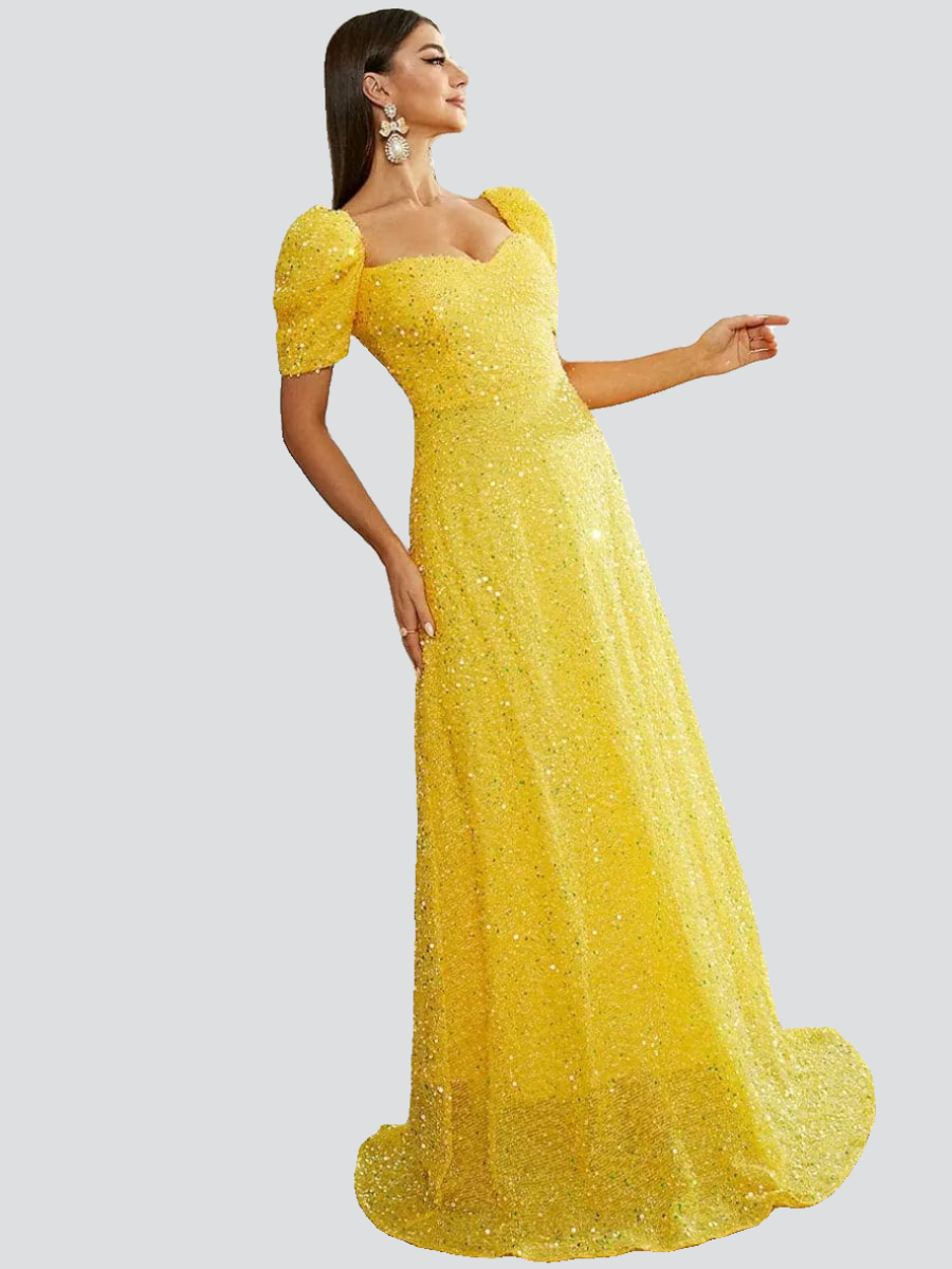 Light Yellow Puff Sleeve Sequin Maxi Dress