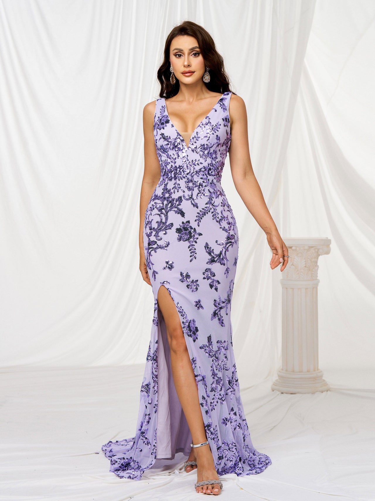 V-neck Sleeveless Sequin High Split Dress