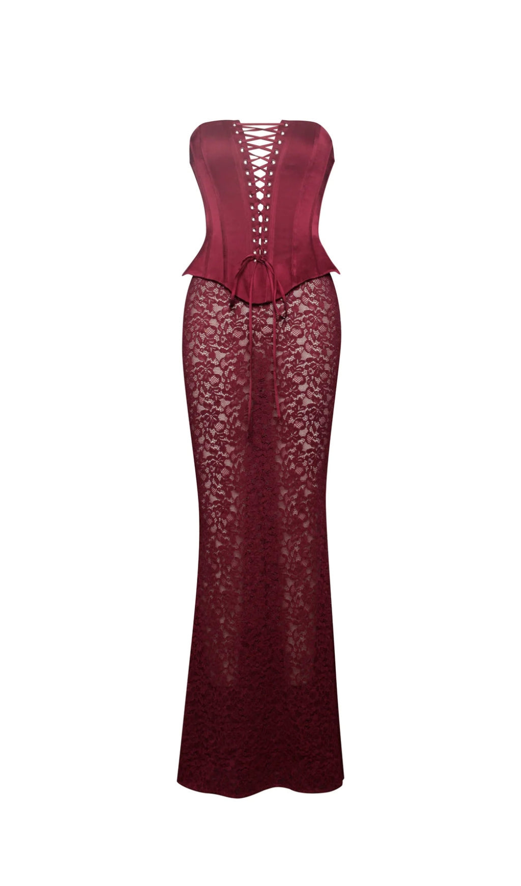 Burgundy Satin Lace Corset Maxi Dress