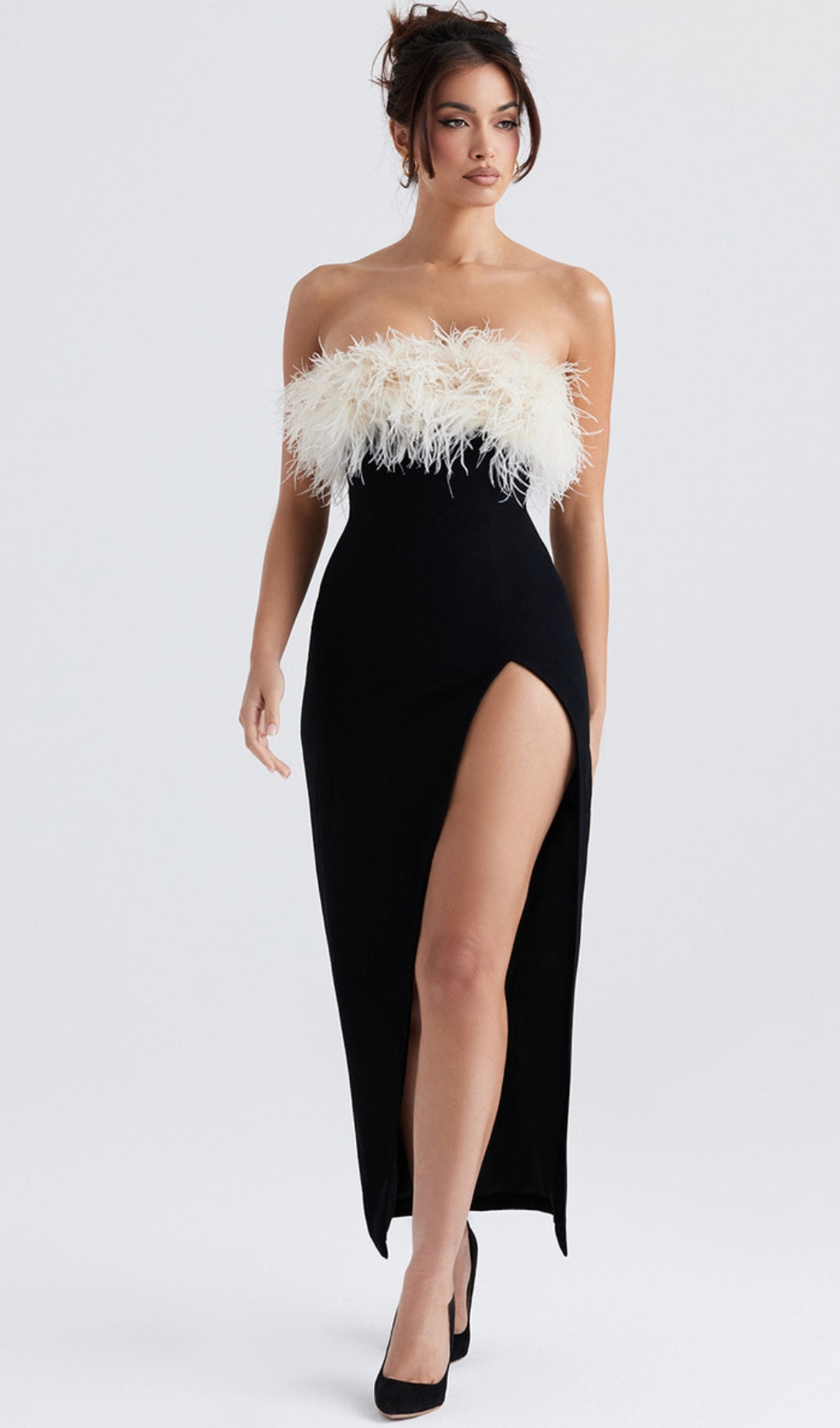 Feather strapless split maxi dress in black