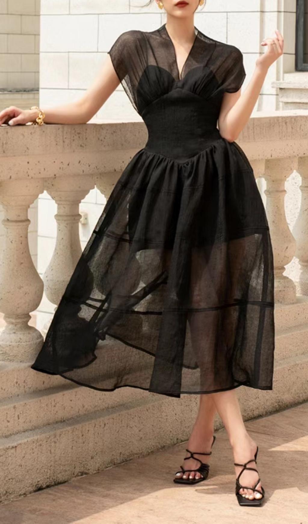 CHIIFFON MIDI DRESS IN BLACK