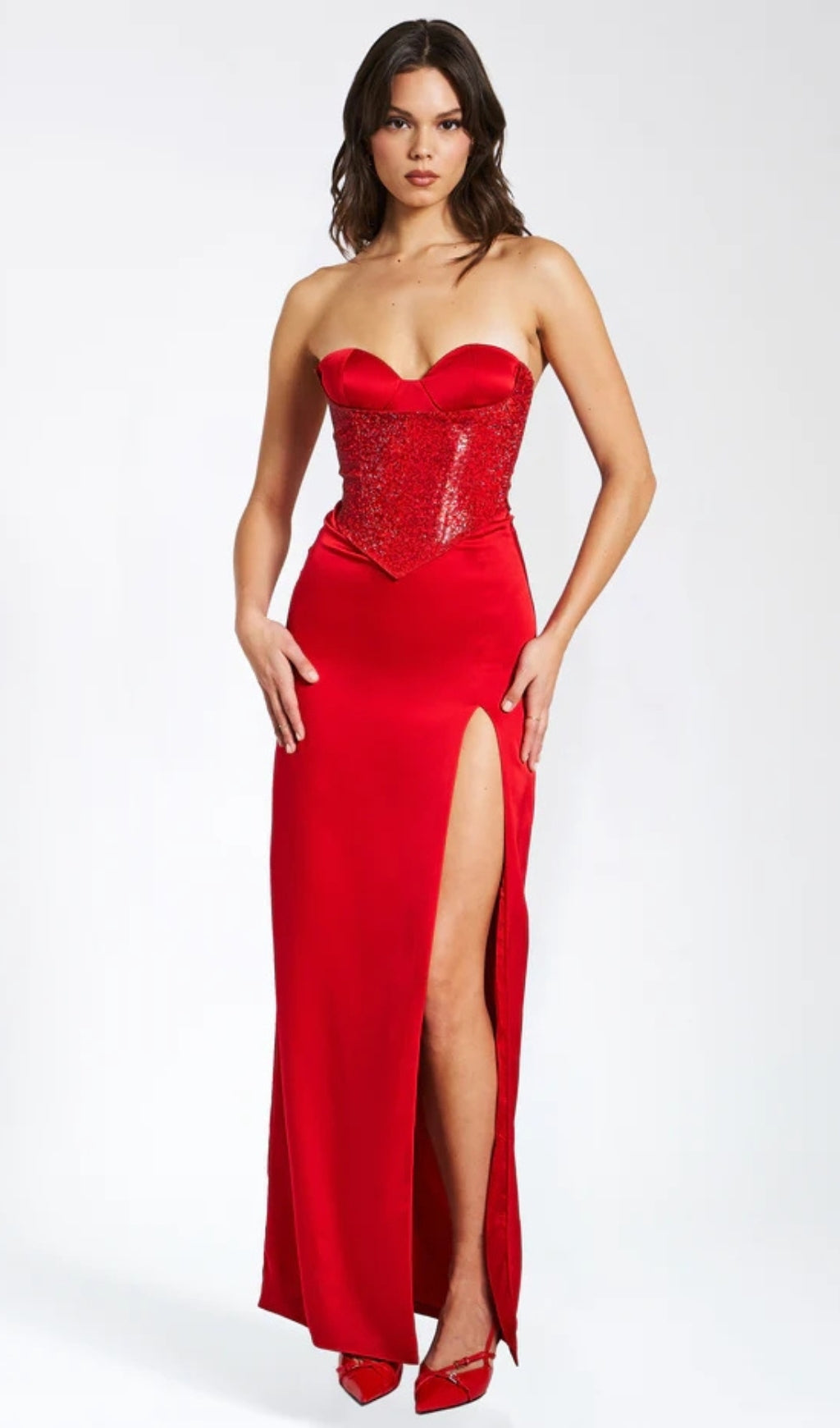 Satin lace-up split maxi dress in red