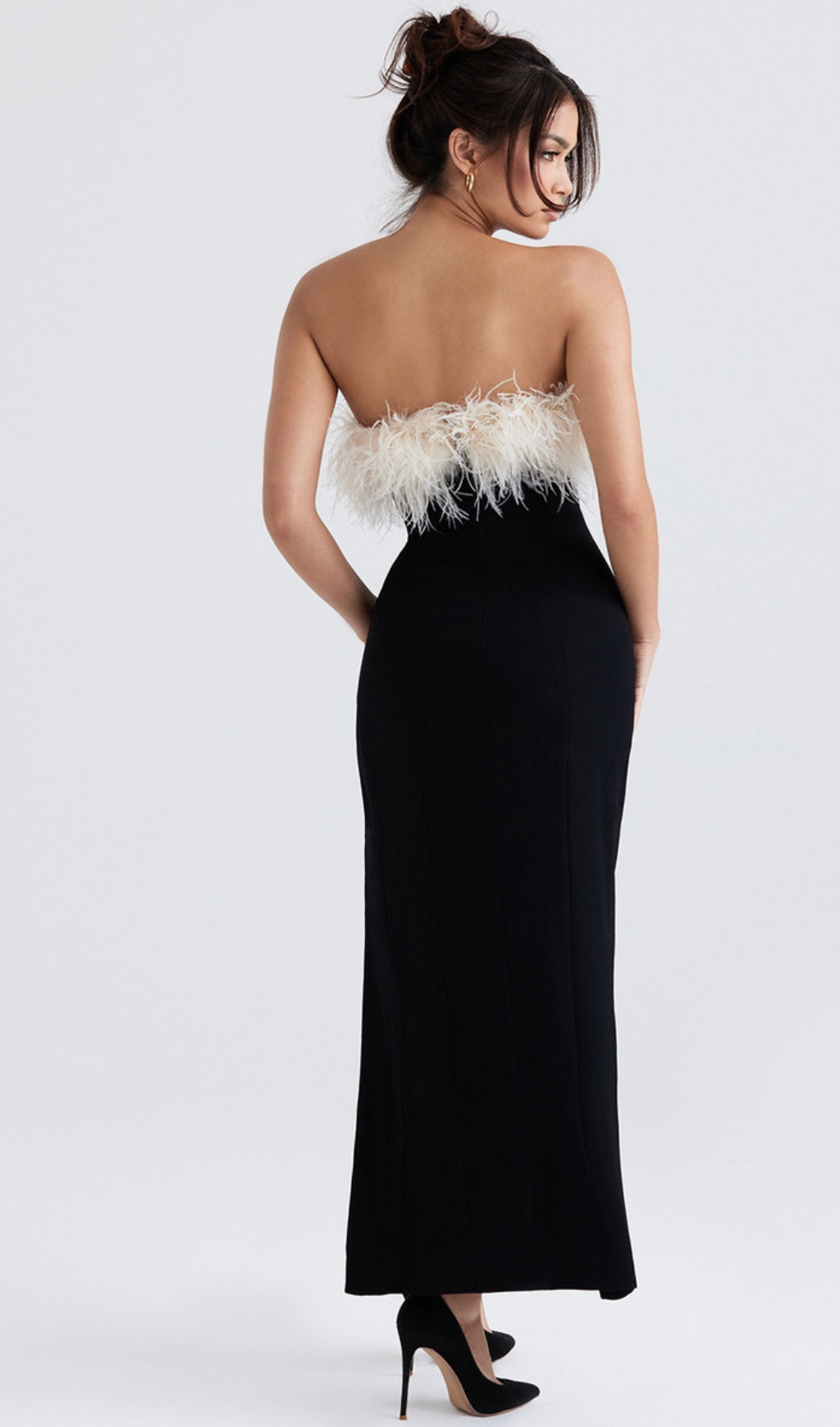 Feather strapless split maxi dress in black