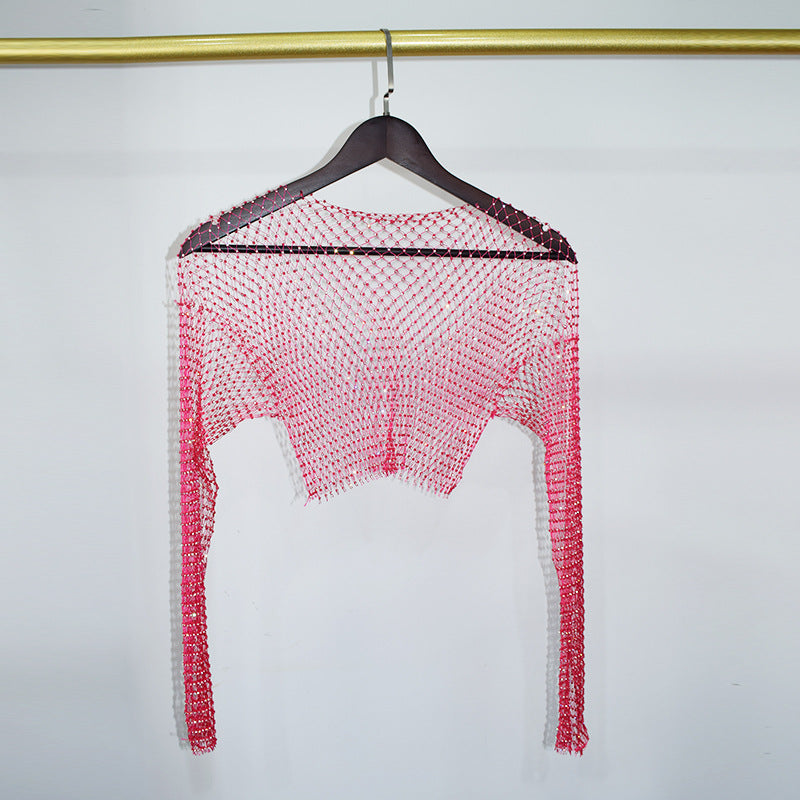 BLING LONG SLEEVE NET CROP TOP