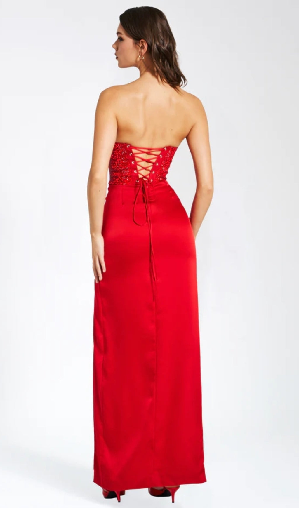 Satin lace-up split maxi dress in red