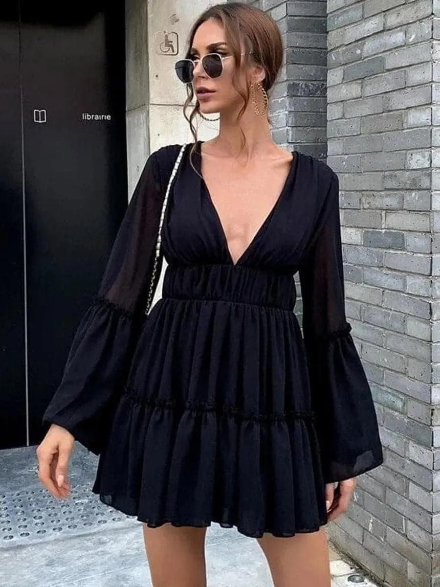 V-neck Ruffle Hem Vacation Dress