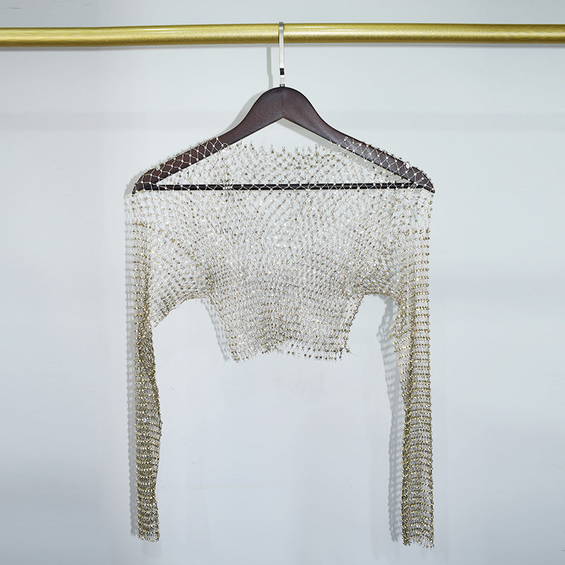 BLING LONG SLEEVE NET CROP TOP